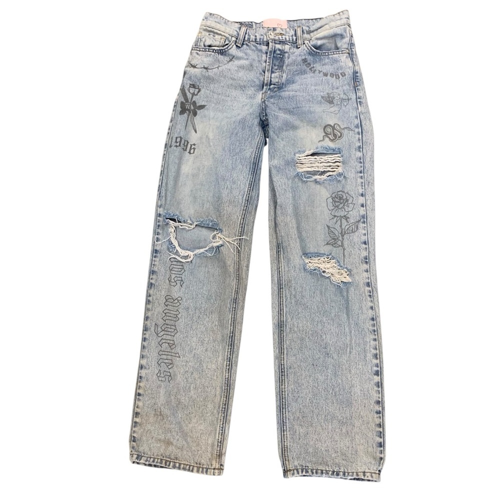 REVICE Tattoo Graphic Distressed Straight Leg Jeans 28